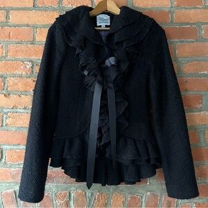 { Anthropologie } Ruffian Black Boucle Fit & Flare Ruffled Blazer, size 2